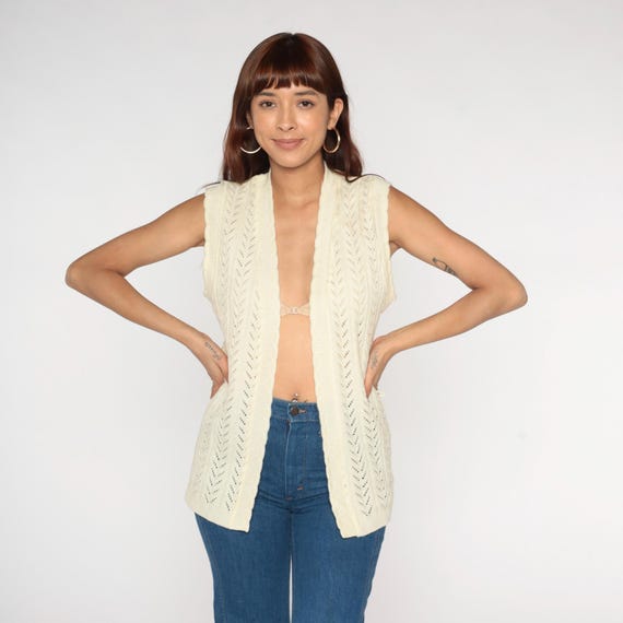 Crochet Vest Cream Knit Top 70s Hippie Boho Vest Open Weave Sheer 1970s Vintage Bohemian Sleeveless Sweater Small