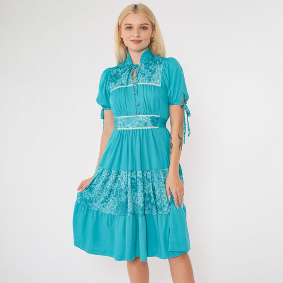 70s Prairie Dress Turquoise Floral Print Yoke Midi Bohemian Puff Sleeve Dress Tiered Boho Vintage High Waisted 1970s Small S