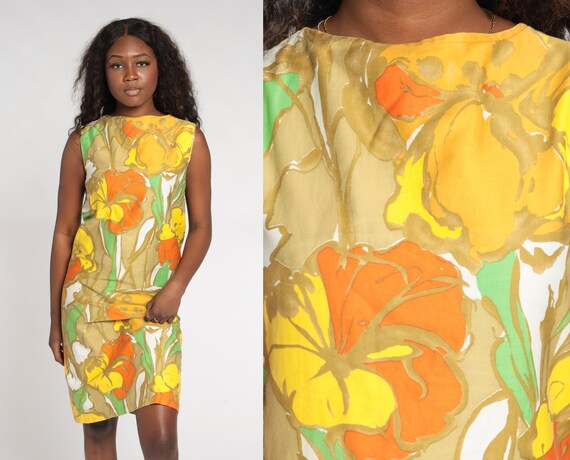 Mod Floral Dress 60s Shift Dress Knee Length Orange Green Tan Flower Print Retro Gogo Twiggy Summer Sixties Sleeveless Vintage 1960s Small S