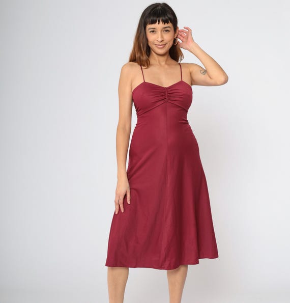 1970s Grecian Dress Burgundy Bohemian Disco Midi 70s Boho Party Spaghetti Strap Vintage Empire Waist Flowing Small xs