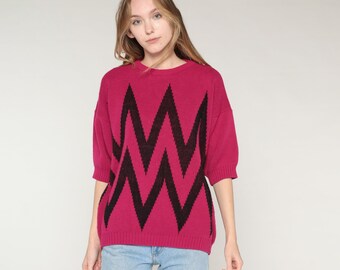 Vintage Magenta Sweater Top 80s 90s Striped Knit Shirt Pink Black Chevron Zig Zag Short Sleeve Sweater Slouchy Blouse Acrylic Large L