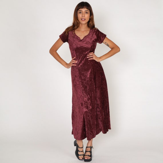 Maroon Velvet Dress 90s Maxi Dress Retro Strappy Back Party Dress Simple Minimalist Grunge Cocktail Ankle Tea Length Vintage 1990s Small S