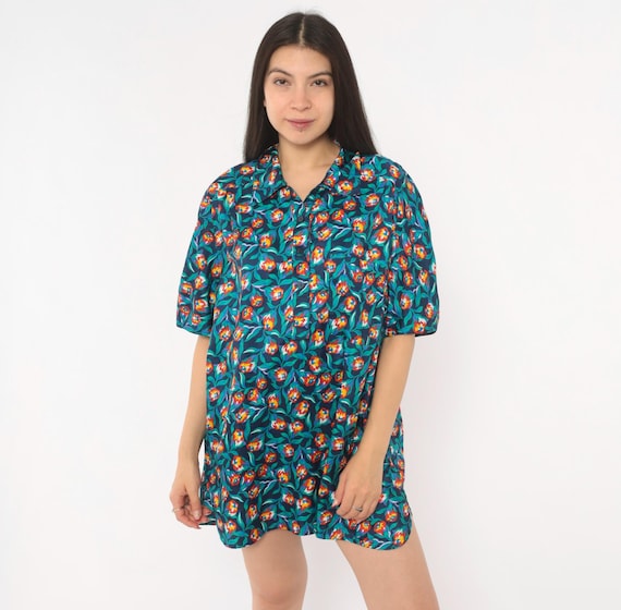 80s Floral Print Shirt Navy Floral Blouse Green Colorful Flower Short Sleeve Collared Top Boxy Relaxed Fit Summer Hawaiian Vintage Large L