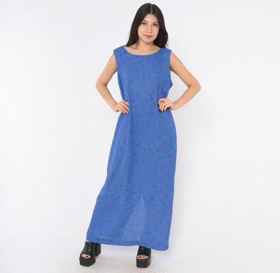 90s Blue Floral Maxi Dress Sleeveless Teal Green Print Scoop Neck Shift Column Sundress Minimalist Garden Party Womens Vintage Large L
