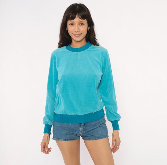 80s Velour Sweatshirt Teal Crewneck Pullover Ribbed Cuff Trim Aqua Blue Cotton Top Turquoise Sears Long Sleeve Shirt Vintage Small S