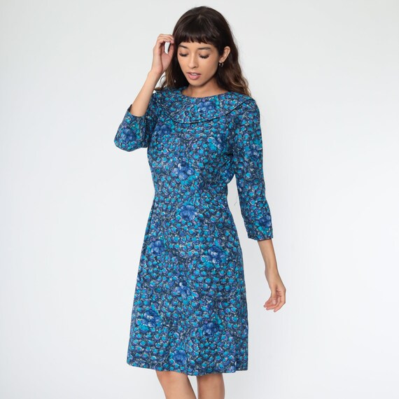 1960s Blue Floral Dress Wiggle 60s Mini Pencil Sheath Vintage Hourglass Retro Mad Men Cocktail 3/4 Sleeve Collar Medium 8