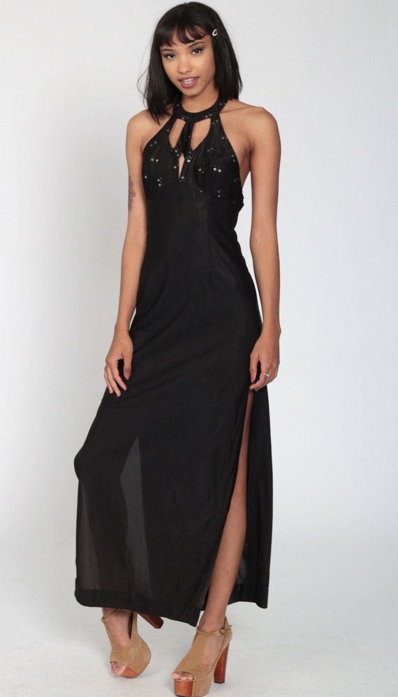 Black Party Dress 70s Choker Dress Cut Out Dress GLITTER Bohemian Maxi Cutout Party Boho Backless 1970s Vintage Halter Neck Extra Small xs
