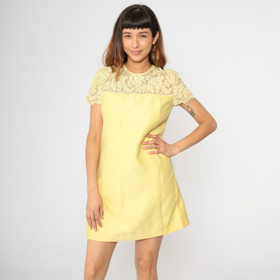 Vintage Yellow Lace Dress 60s Mini Mod Party Dress Formal Evening Pocket Waist Short Sleeve 1960s Shift Small S