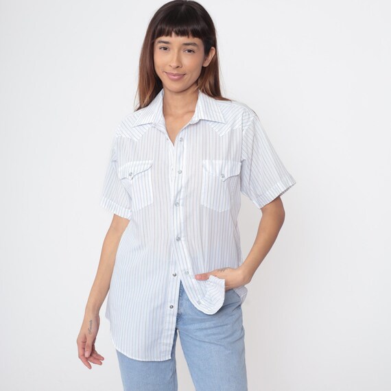Striped Western Shirt 80s Blue White Pinstripe Vintage Panhandle Slim Short Sleeve Button Up Cowboy Rodeo Ranch Workwear Utility Large L 16