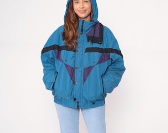 Colorblock Ski Jacket 90s Light Blue Black Purple Hooded Winter Puffer Bomber Geometric Athletic Sporty Snow Coat Vintage Style Medium M