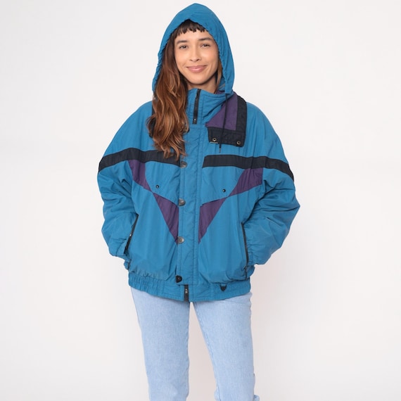 Colorblock Ski Jacket 90s Light Blue Black Purple Hooded Winter Puffer Bomber Geometric Athletic Sporty Snow Coat Vintage Style Medium M
