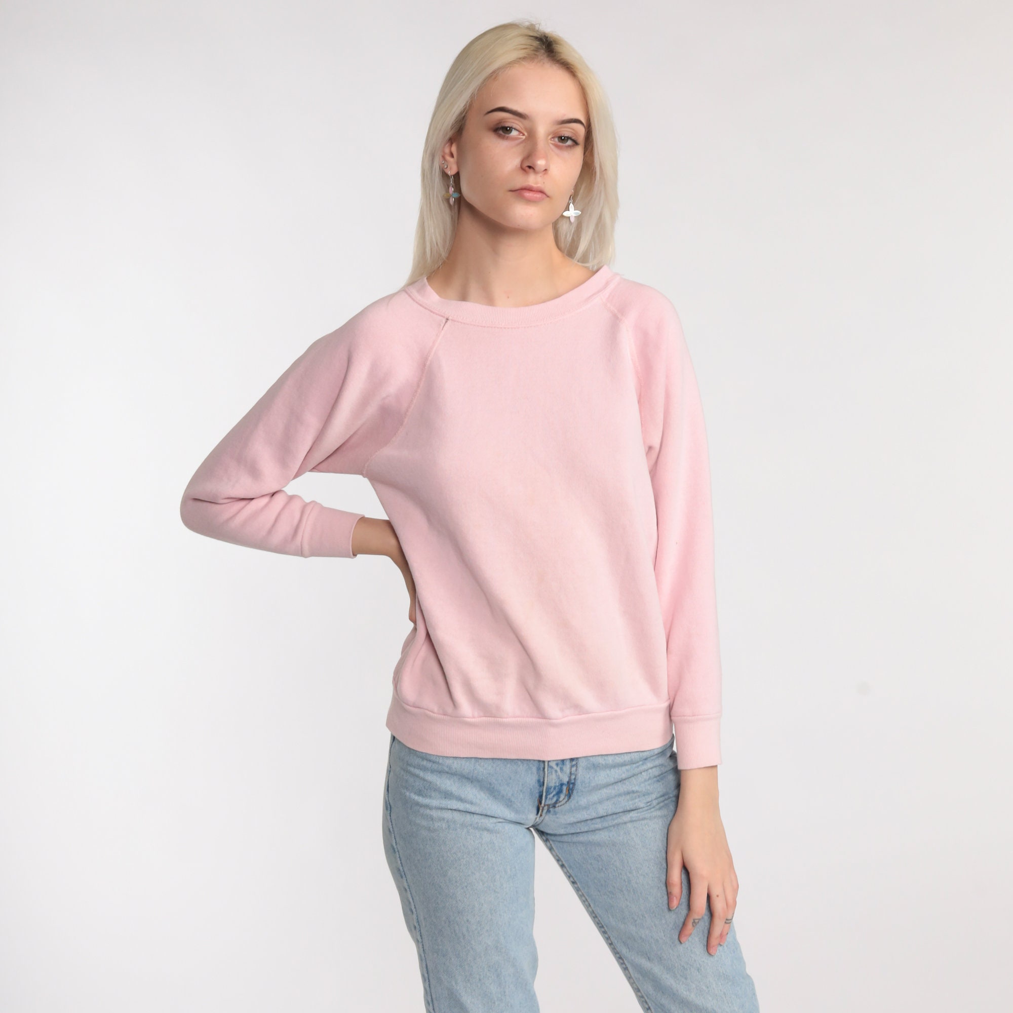 Pink Crewneck Sweatshirt 80s Sweatshirt Raglan Sleeve Plain | Etsy