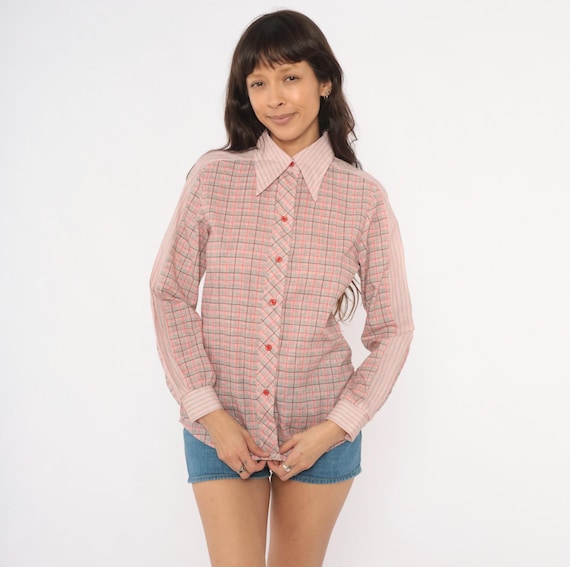 80s Plaid Blouse Red Black Windowpane Check Pointed Collar Cotton Shirt Long Sleeve Houndstooth Top Preppy Academic Vintage Women Small S