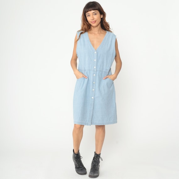 90s Light Blue Gingham Dress Button Front Sleeveless V Neck Cotton Check Pattern Preppy Jumper Pocket Midi Vintage Sundress Large L