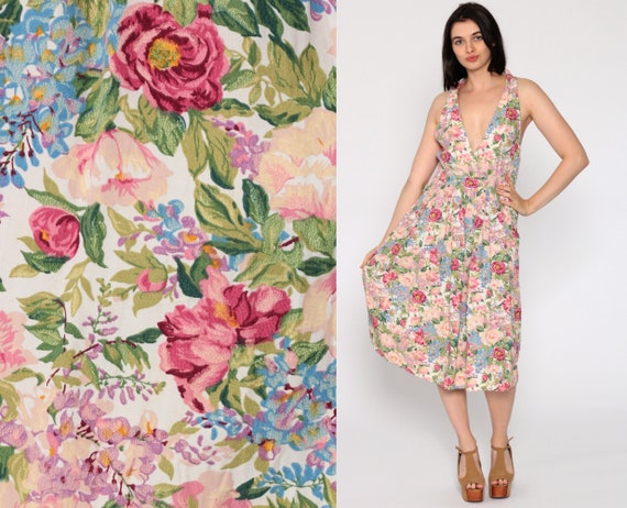 80s Jumper Dress FLORAL PRINT Dress Deep V Neck Sl