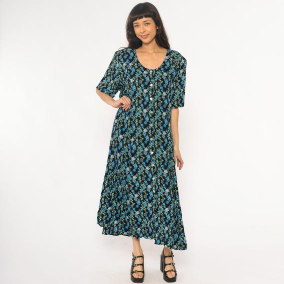 Grunge Floral Dress Y2K Black Floral Maxi Blue Turquoise Rose Print Cottagecore Prairie Vintage 90s Plus Size Extra Extra Large XXL