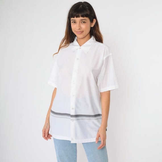 00s Striped Shirt Y2K White Grey Top Semi-Sheer Collar Vintage Short Sleeve Button Up Boyfriend Menswear Men's Large L