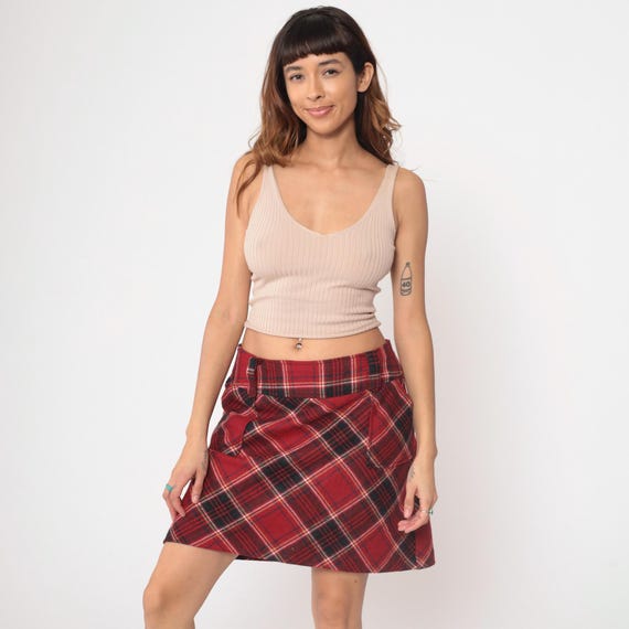 Red Plaid Skirt Y2K Tartan Mini Skirt School Girl Skirt Preppy Academia Gothic Red Plaid Mini Vintage 2000s Large L 34