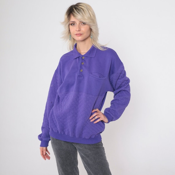 Quilted Purple Sweatshirt 90s Sweatshirt Plain Polo Pullover Sweater Long Sleeve Solid Basic Streetwear Vintage 1990s Medium Large
