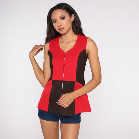 60s Tank Top Mod Color Block Shirt Red Black Sleeveless Blouse Zip Up Top Retro 70s Space Age Vintage 1970s Twiggy Hipster Zippered Small