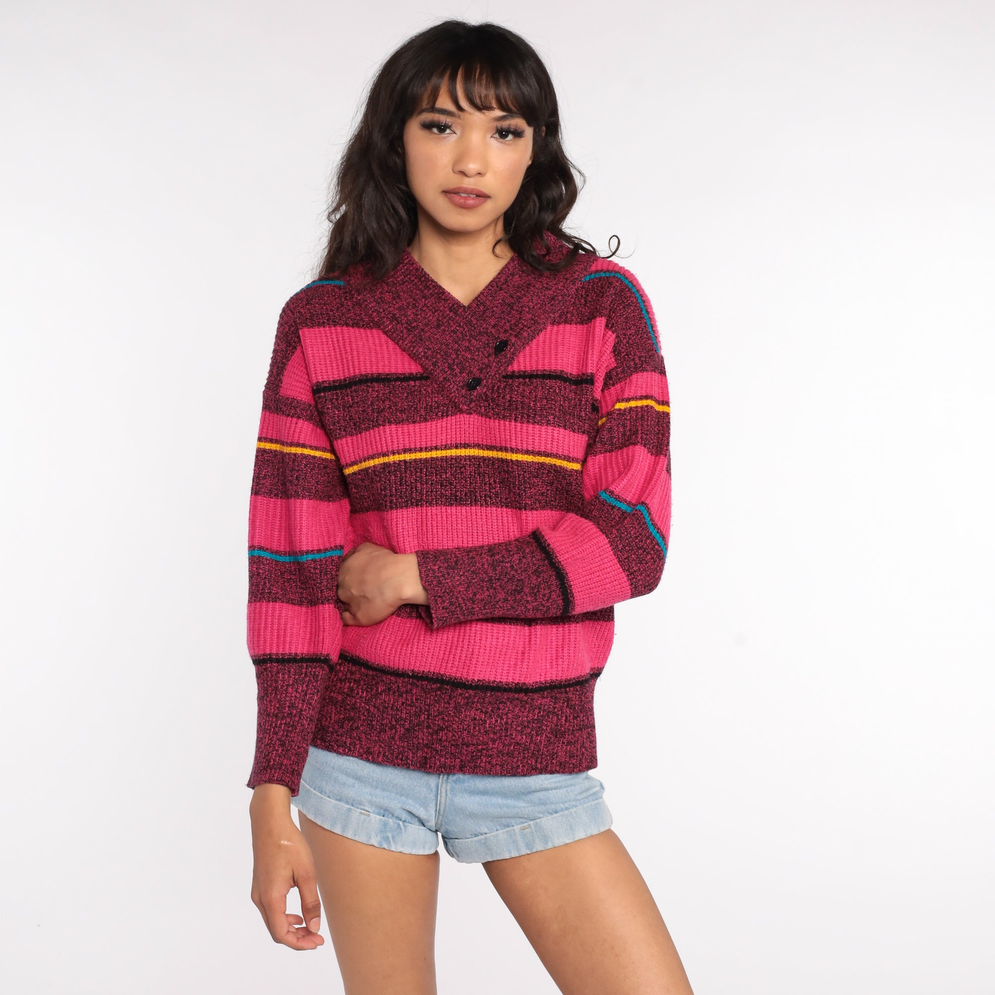 Hot Pink Sweater 80s Striped Sweater Gitano Acrylic Sweater Knit V Neck ...