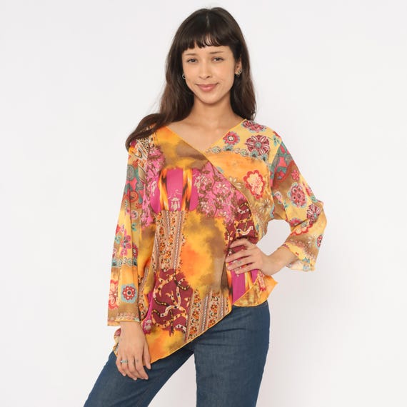Y2K Patchwork Blouse Floral Asymmetric Sheer Paisley Print Pink Magenta Gold Medallion Three Quarter Sleeve Plus Size Extra Extra Large XXL