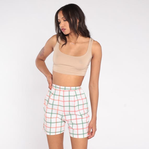 60s Plaid Shorts Hot Pants Vintage High Waist White Red Green Grid Pattern Tailored Preppy Mod Summer Classic Holiday Wear Extra Small XS