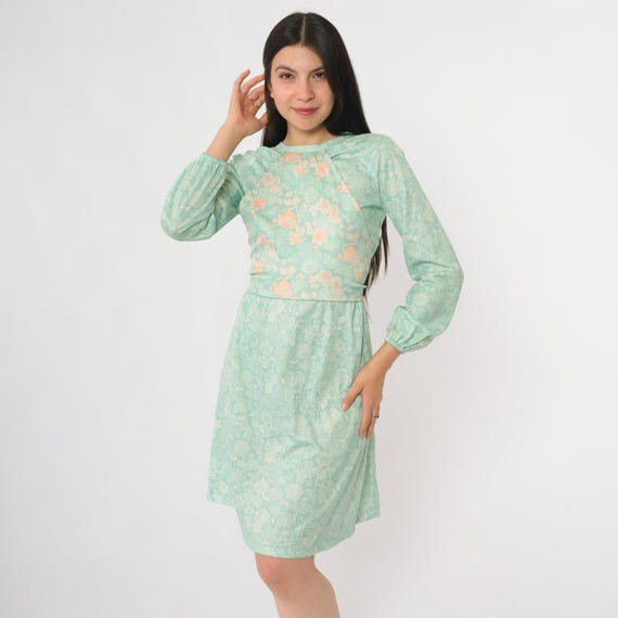 70s Mini Dress Babydoll Mod Green Pastel Floral Print Long Sleeve Tie Back Waist Romantic Boho Cottagecore Spring Day Dress Medium