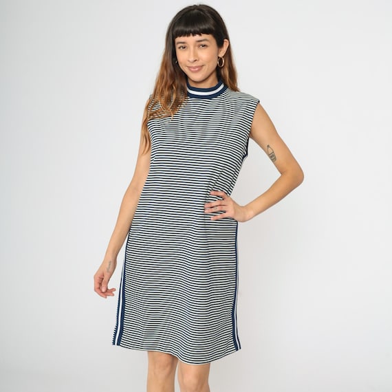 Vintage 60s Mod Dress Navy Blue White Striped Dress Mock Neck Space Age Dress 1960s Sheath Twiggy Sixties Sleeveless Gogo Knee Length Medium