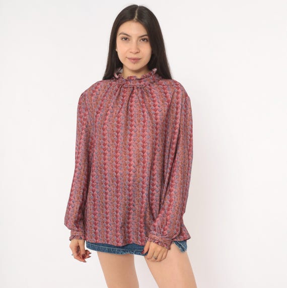 70s Diamond Print Blouse Ruffle Neck Puff Sleeve Back Zip Dusty Rose Mauve Blue Harlequin Pattern Collar Peasant Top Vintage Extra Large XL
