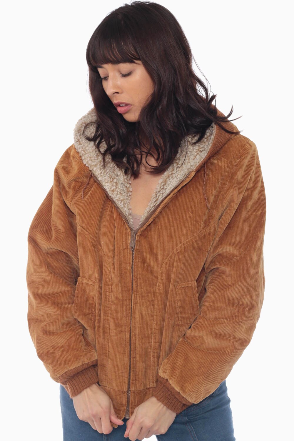 Hooded Corduroy Jacket 70s Hood Coat SHERPA Brown Bomber Hoodie Faux Shearling Vintage 1970s 
