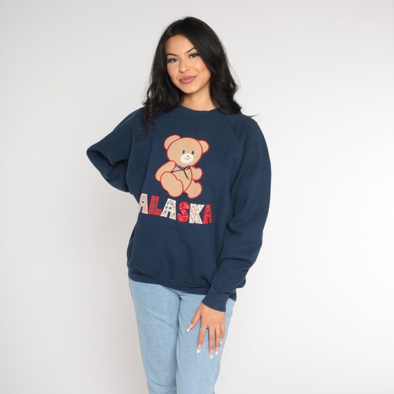 Alaska Sweatshirt 90s Patchwork Teddy Bear Sweater Retro Graphic Kawaii Grandma Cute Raglan Sleeve Navy Blue Vintage 1990s Extra Large xl