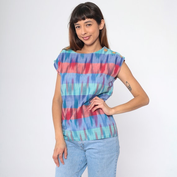 Ikat Striped Blouse 80s Button Shoulder Shirt Short Sleeve Top Retro Shirt Casual Basic Top Red Blue Aqua 1980s Vintage Small S