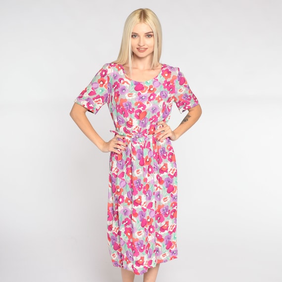 Floral Midi Dress 80s Day Dress Belted High Waist Secretary Dress Bright Tulip Flower Print Garden Party Short Sleeve Vintage 1980s Small S