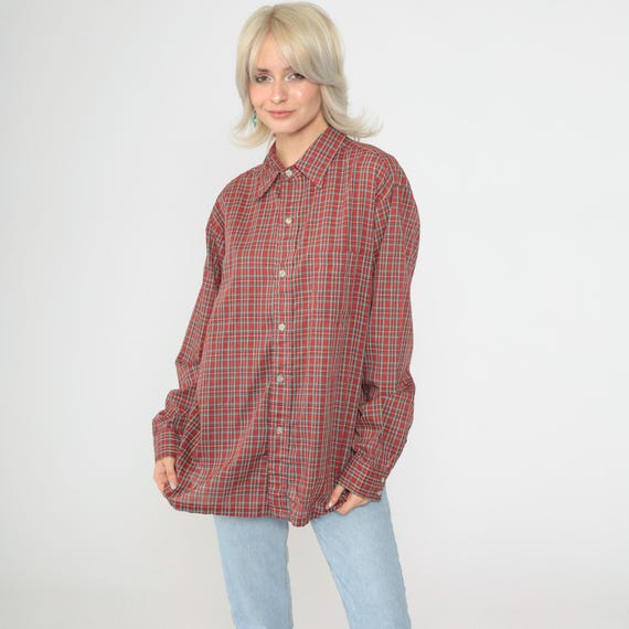 80s Plaid Shirt Red Tartan Checkered Shirt 1980s Shirt Vintage Button Up Top Pocket Long Sleeve Men's Extra Large xl