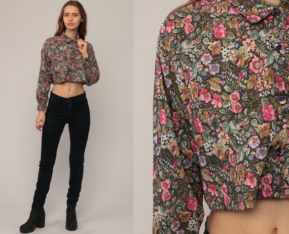Crop Top 90s Button Up Shirt FLORAL Blouse 80s Grunge Cropped Print Long Sleeve Top 1990s Black Pink Vintage Medium