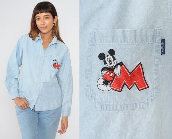 Mickey Mouse Shirt 90s Disney Denim Button Up Blo… - image 1