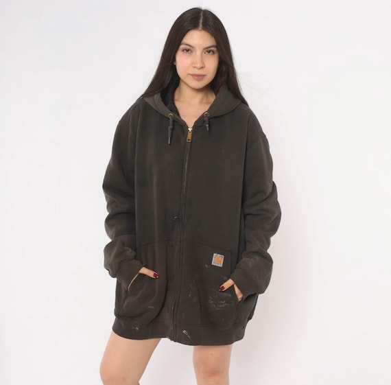 Y2K Thrashed Grey Carhartt Zip Hoodie Hooded Sweatshirt Workwear Distressed Faded Streetwear Warm Winter Jacket Gorpcore Gray Extra Large XL