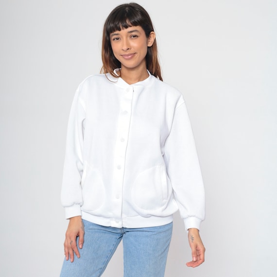 White Cardigan Sweatshirt 90s Snap Up Sweatshirt Plain Pocket Sweatshirt Simple Streetwear Sporty Athleisure Baseball Vintage 1990s Large L