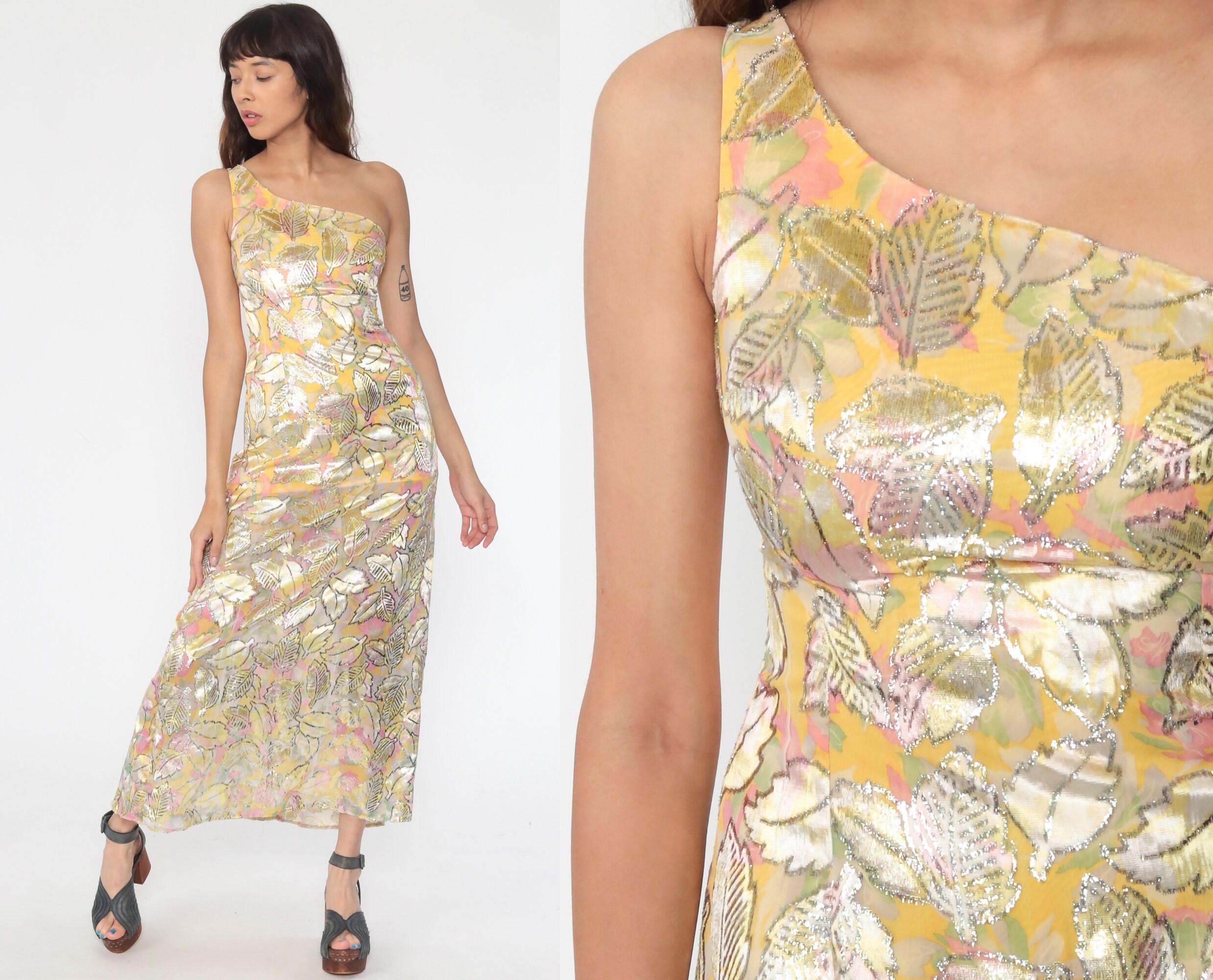 One Shoulder Dress 70s Maxi Dress Gold Party Asymmetrical 1970s Disco Dress Vintage Gown 