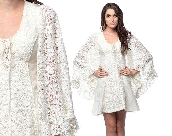 Lace Gunne Sax Dress 70s White Crochet ANGEL SLEEVE Hippie Boho Cotton ...