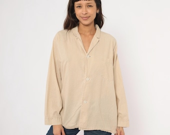 80s Basketweave Shirt Tan Camp Collar Blouse Cotton Beige Notched Lapel Long Sleeve Relaxed Fit Top Khaki Neutral Camel Vintage Large L