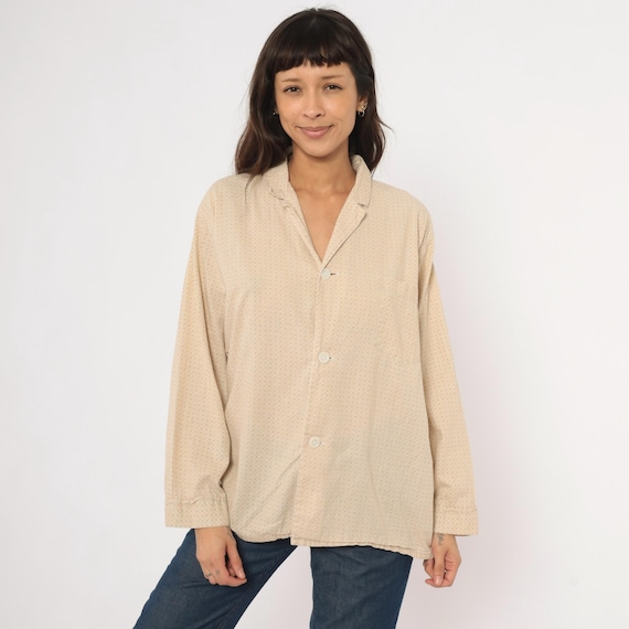 80s Basketweave Shirt Tan Camp Collar Blouse Cotton Beige Notched Lapel Long Sleeve Relaxed Fit Top Khaki Neutral Camel Vintage Large L