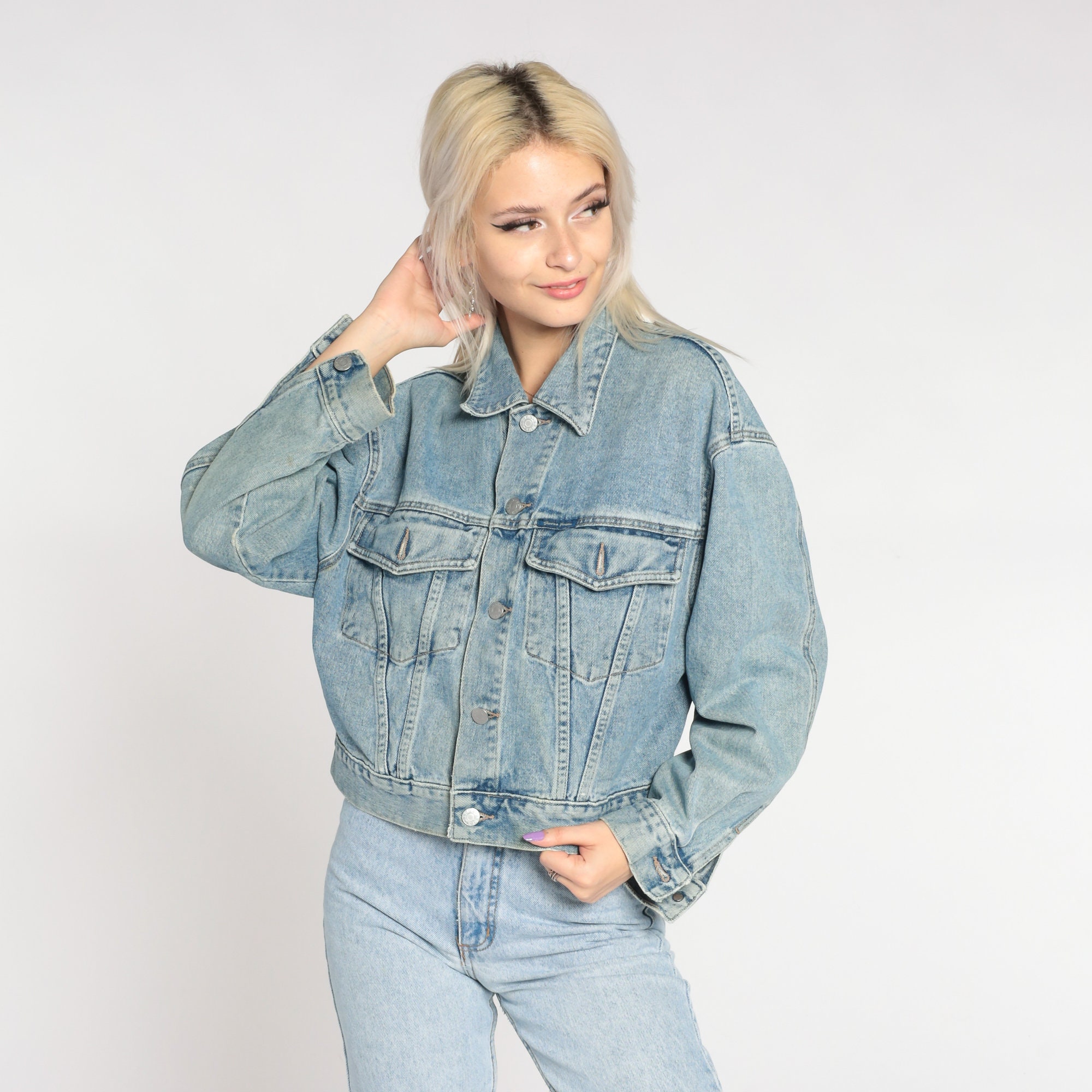 Guess Jean Jacket 90s Denim Jacket Blue Biker Trucker Crop Coat Button Up Retro Cropped Streetwear Basic Simple Casual Vintage 1990s Small S