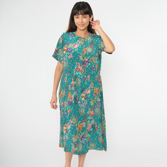 Vintage Turquoise Floral Dress 80s 90s Paisley Midi Dress Button Up Pleated Secretary Shirtdress Low Waist Leslie Fay 1990s Medium 10 Petite
