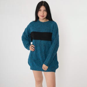 Vintage Color Block Sweater 80s Blue Marled Knit Black Striped Sweater Colorblock Crewneck Pullover 90s Retro Oversized Men&#39;s Medium M