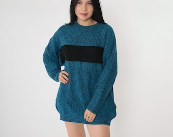 Maglione vintage color block anni '80 blu mélange lavorato a maglia maglione a righe nere colorblock girocollo pullover anni '90 retrò oversize uomo taglia media M