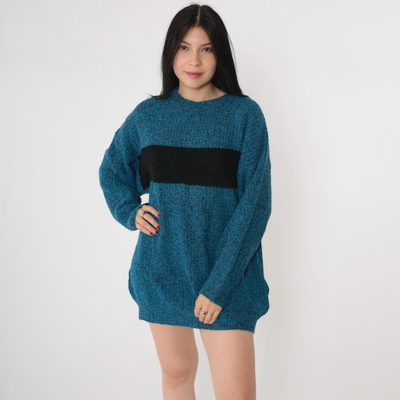 Vintage Color Block Sweater 80s Blue Marled Knit Black Striped Sweater Colorblock Crewneck Pullover 90s Retro Oversized Men's Medium M
