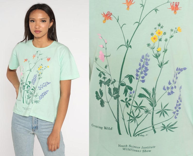 Wildflower Shirt 90s Floral T-Shirt Growing Wild Youth Science Institute Flower Graphic Tee Retro Single Stitch Green 1990s Vintage Medium image 1