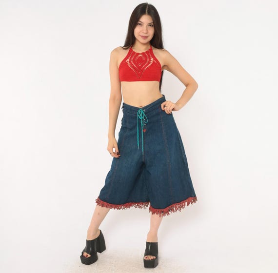80s Denim Wide Leg Shorts Blue Jean Culottes Red Fringe Lace Up Front Studded Bermuda Gaucho Western Alt Scarecrow Grunge Vintage Medium M